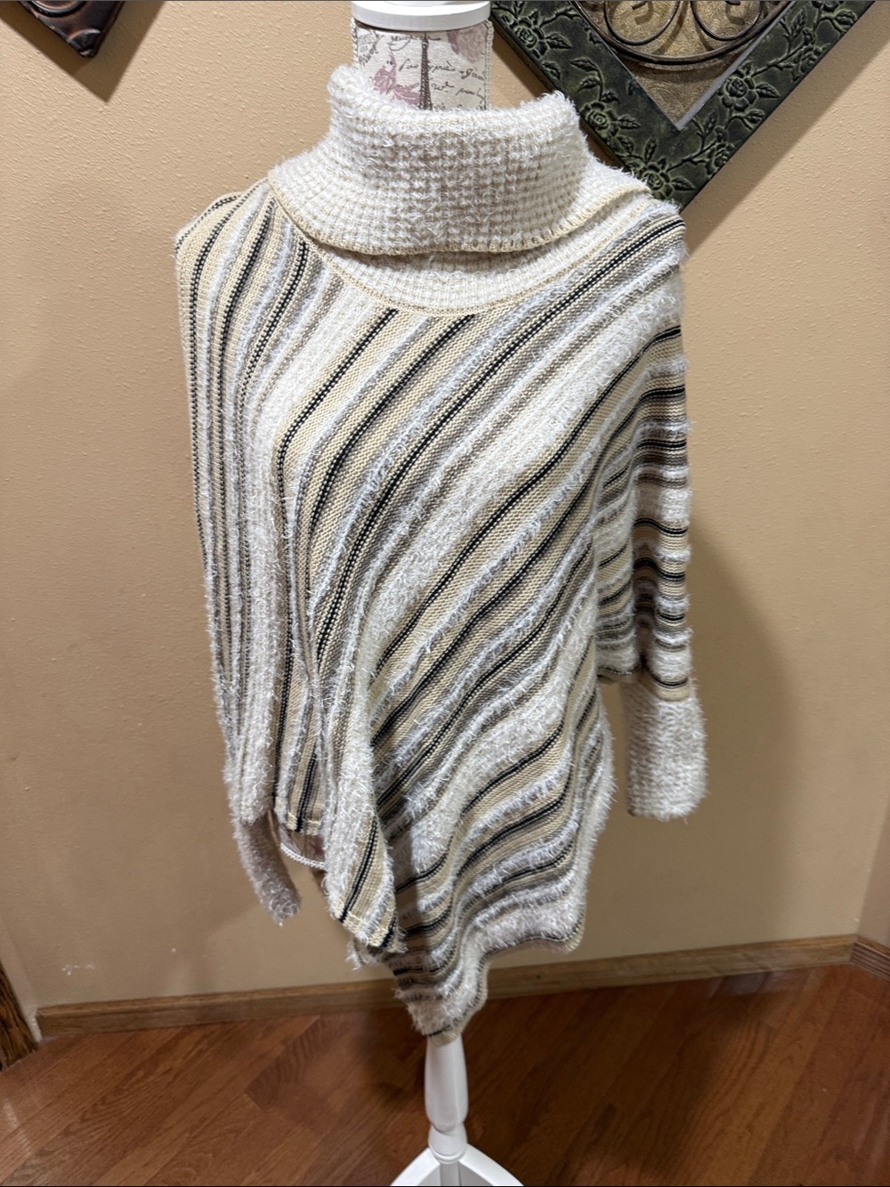 Roz & Ali Cream Striped Cowl Neck Sweater